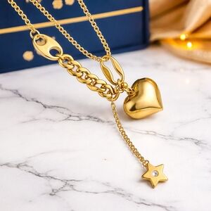 18K Gold Plated Stainless Steel Heart Star Pendant Layered Dainty Necklace